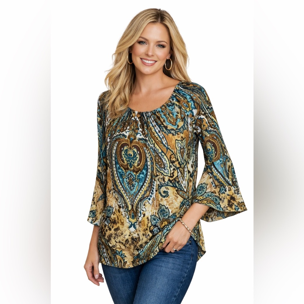 Win Win Knit Boho Paisley Tunic Bell Sleeve Blouse Boutique Top